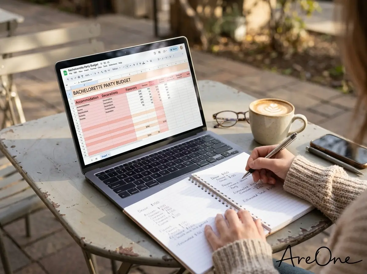 Bachelorette party budget planner open on a laptop next to a notebook and coffee