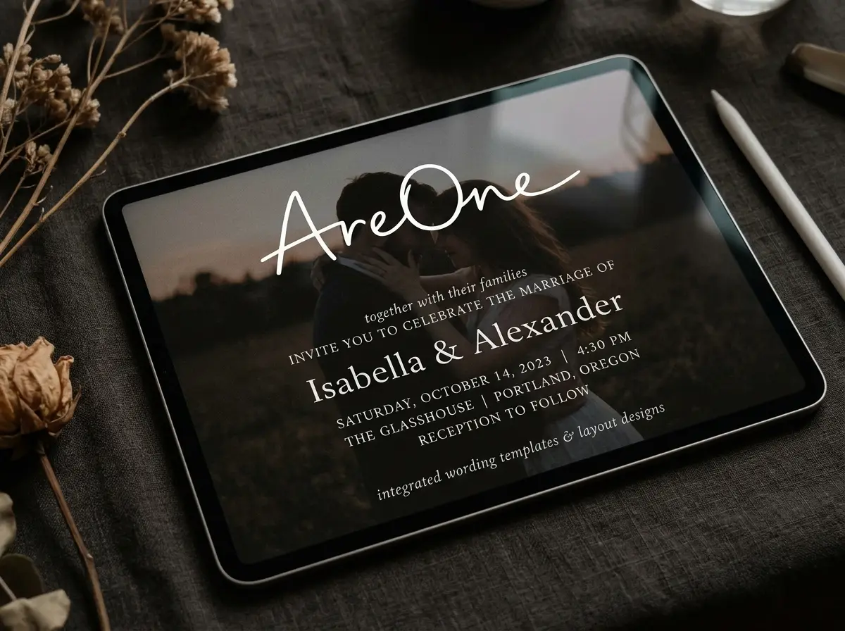 Template wording pack seamlessly integrated over a darkened engagement photo background.
