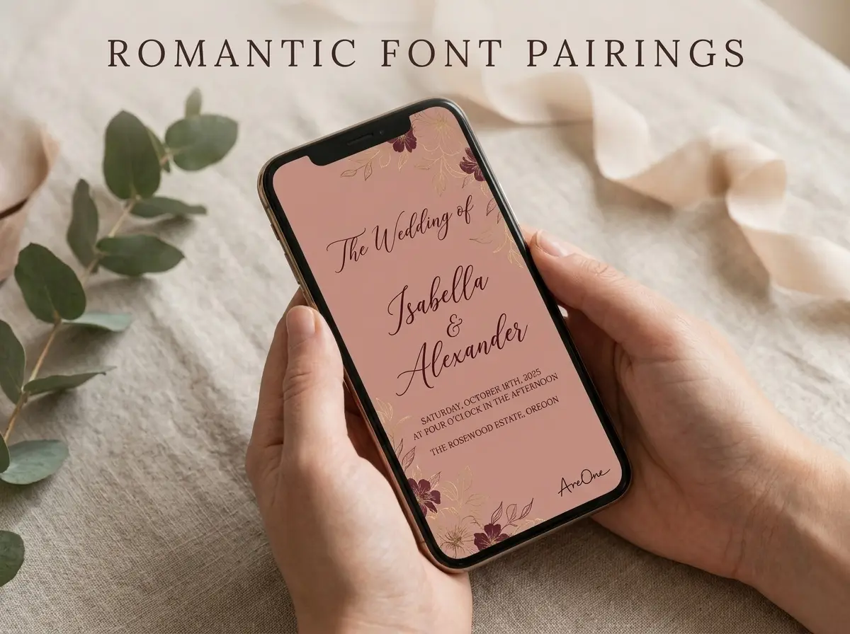 Wedding invitation font pairing on a smartphone screen showing a gorgeous romantic invite.
