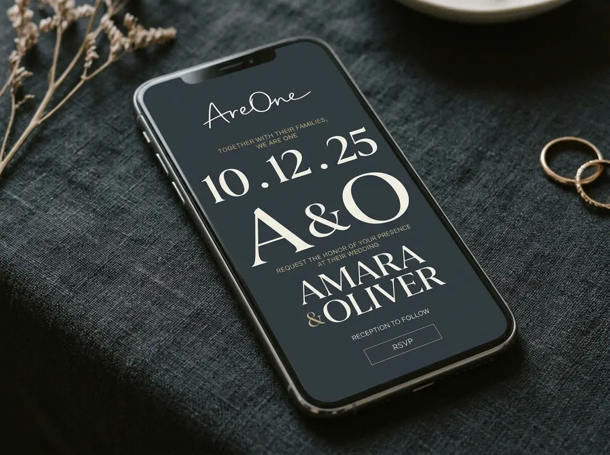 Minimalist wedding invite template showcasing oversized typography on a sleek background.