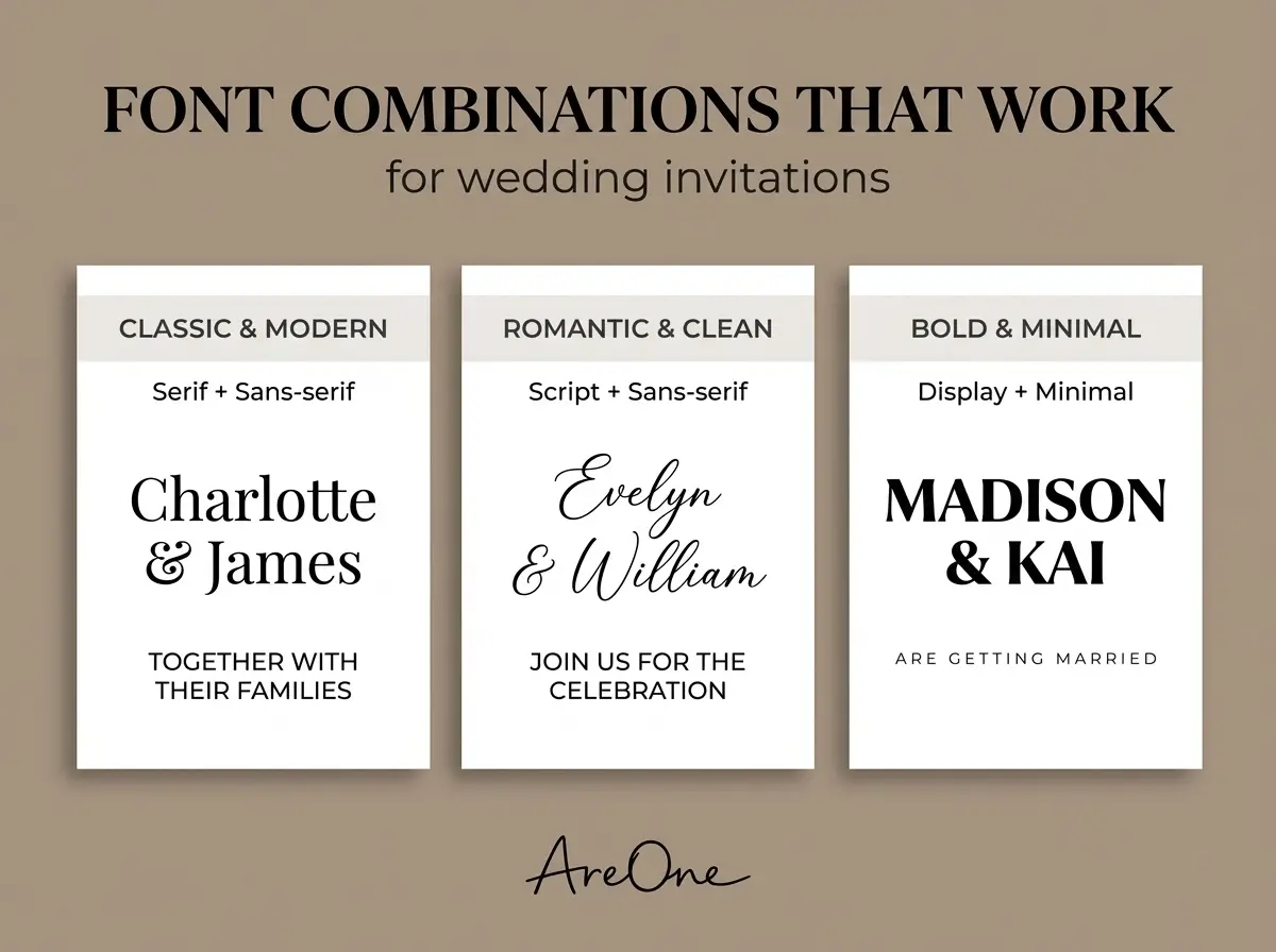 Wedding invitation font style examples displaying classic serif and modern sans-serif combinations.