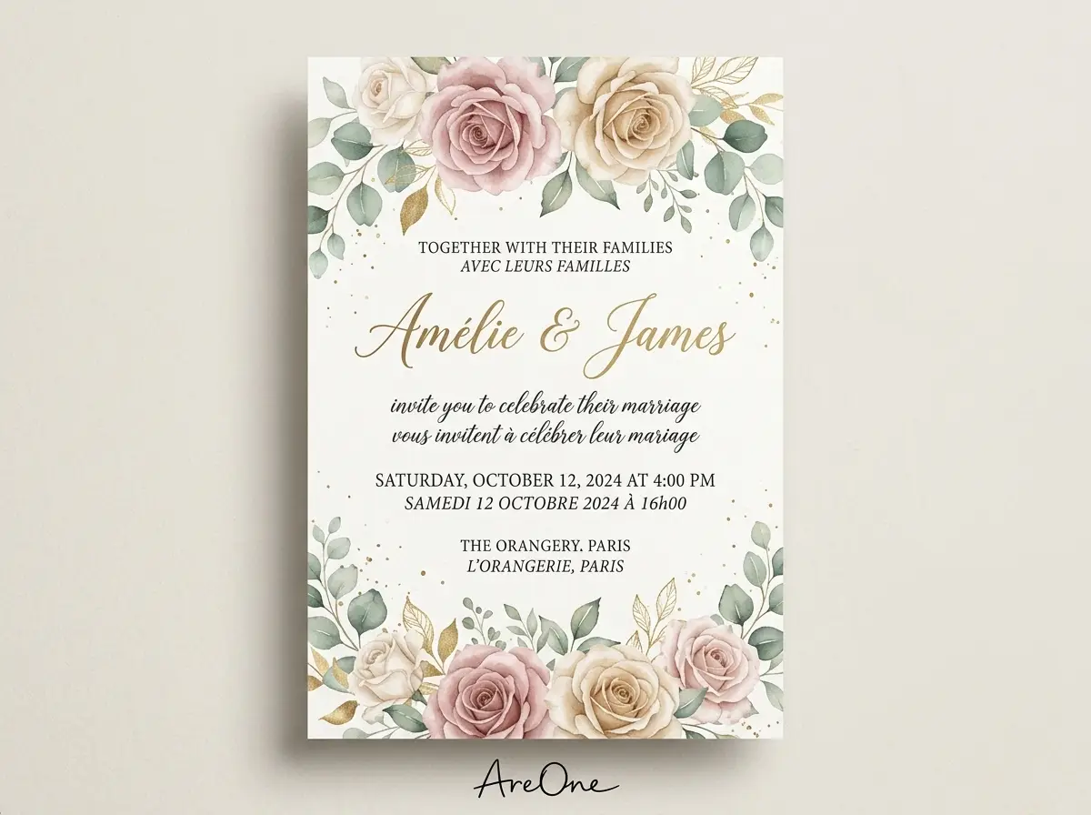 An elegant digital wedding card template displaying bilingual typography surrounded by soft watercolor florals.