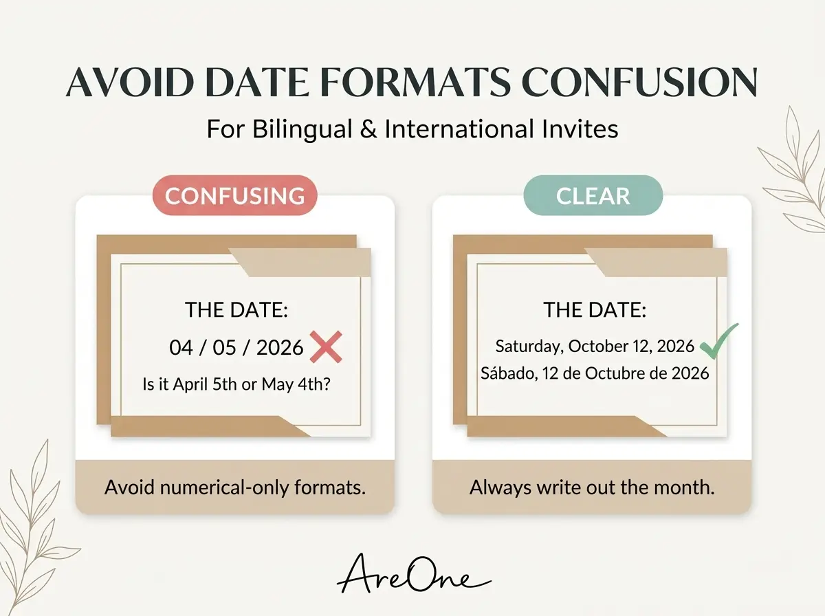 A comparison graphic showing a confusing numerical date format crossed out and a clear spelled-out date checked green.