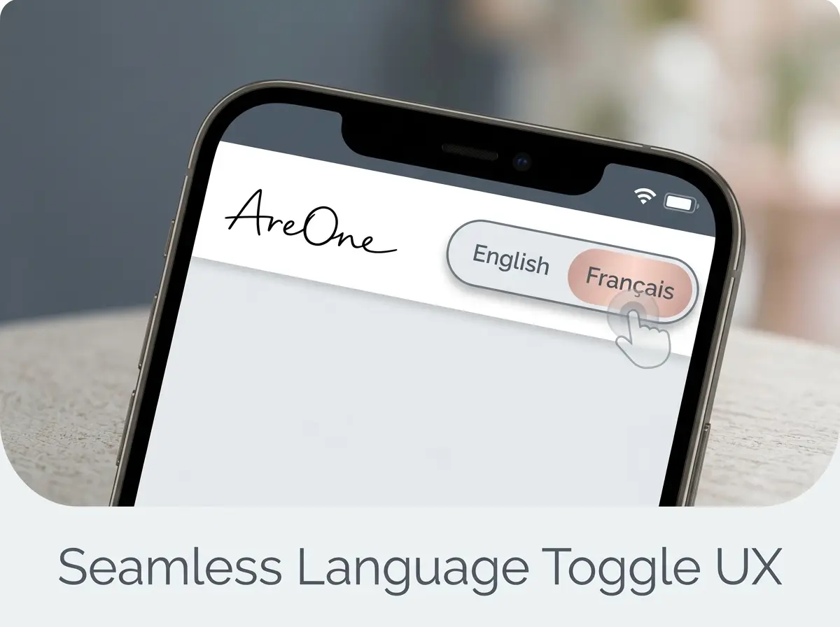 Close-up of a mobile screen showing a clean toggle button switching between English and French.