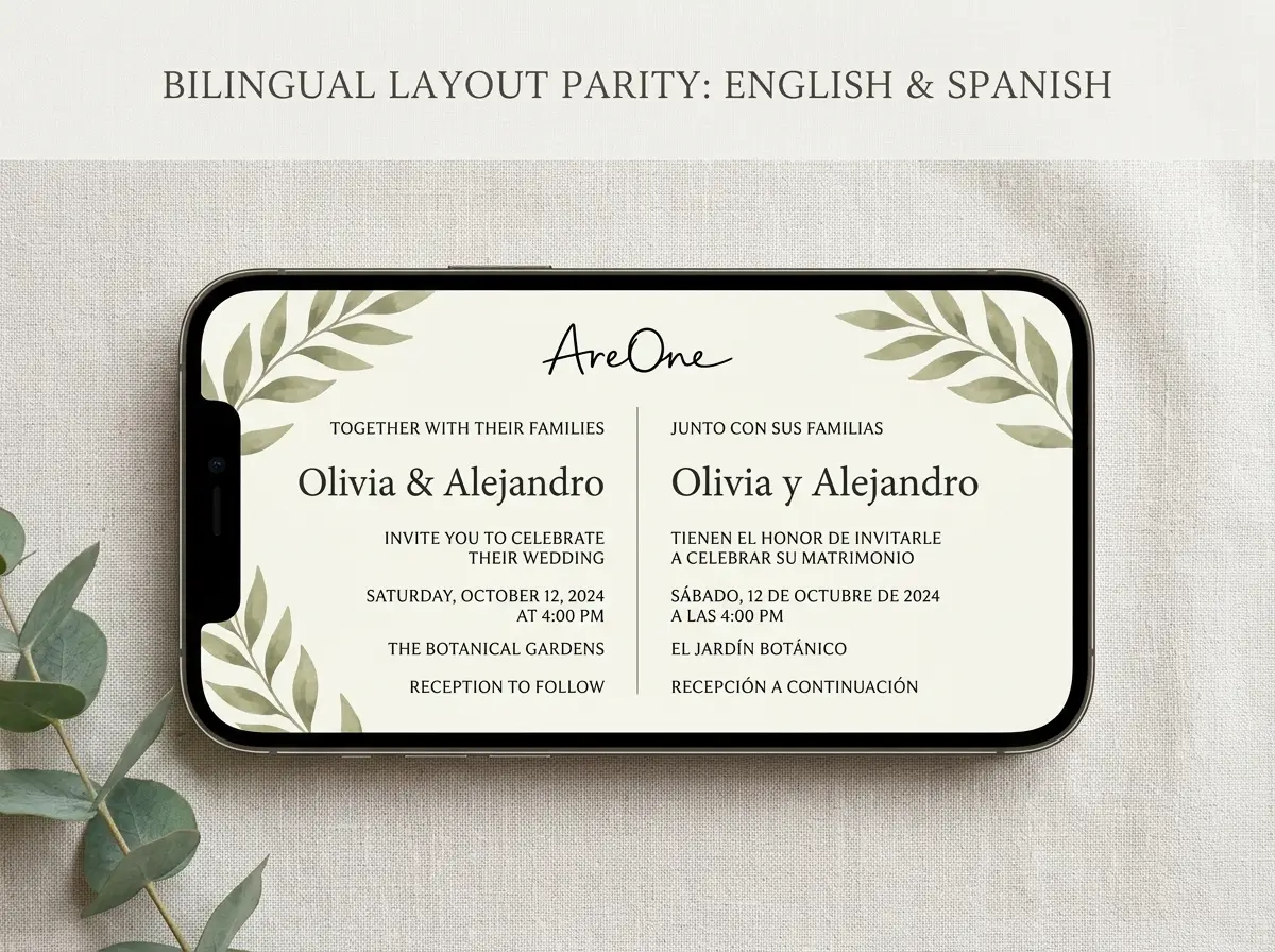 Split-screen smartphone layout showing English and Spanish wedding invitation wording with equal visual weight.