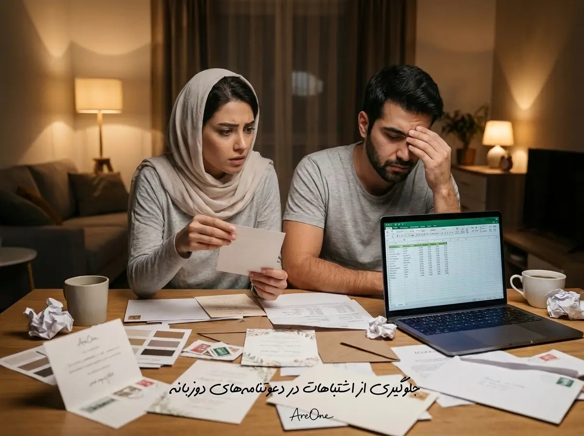 Confused couple reviewing cluttered paper wedding invitations, a common bilingual invite mistake