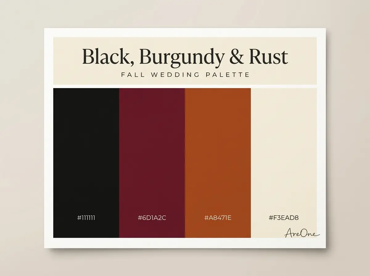 Black, Burgundy and Rust fall wedding colors palette swatch with hex codes #111111 #6D1A2C #A8471E #F3EAD8
