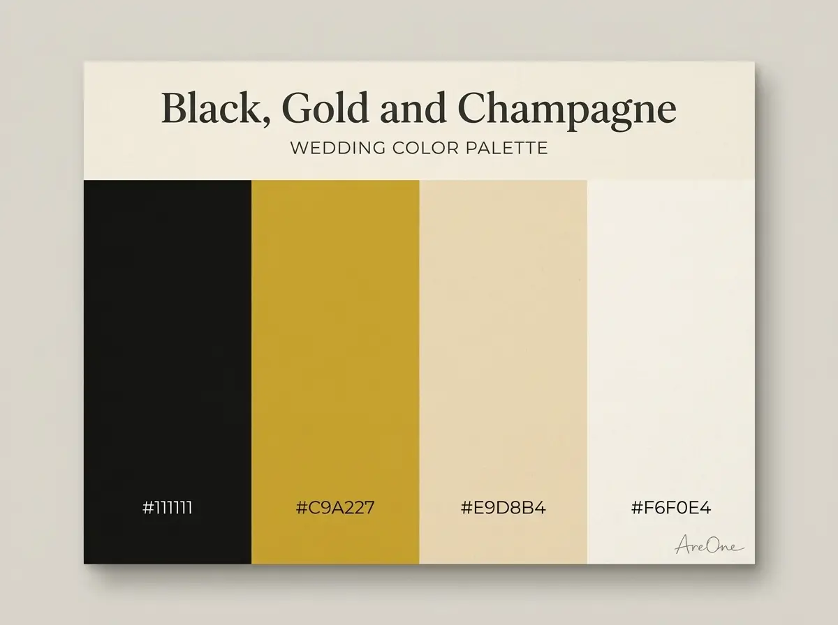 Black, Gold and Champagne fall wedding colors palette swatch with hex codes #111111 #C9A227 #E9D8B4 #F6F0E4