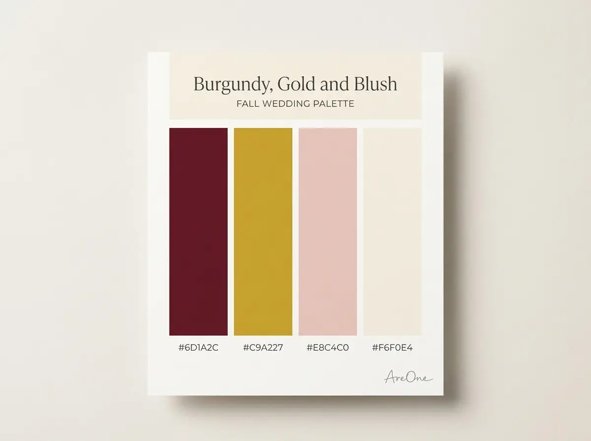 Burgundy, Gold and Blush fall wedding colors palette swatch with hex codes #6D1A2C #C9A227 #E8C4C0 #F6F0E4