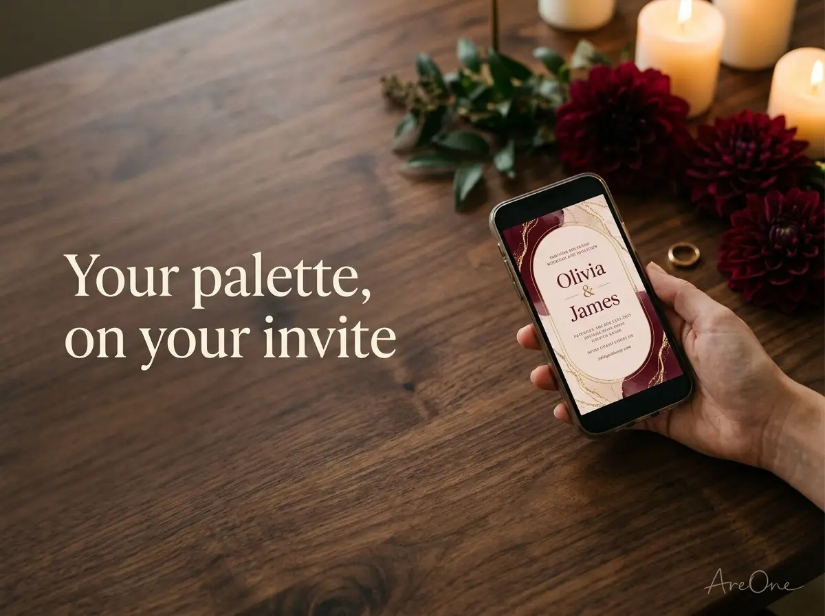 Digital wedding invitation on a phone styled in a burgundy and gold fall wedding palette