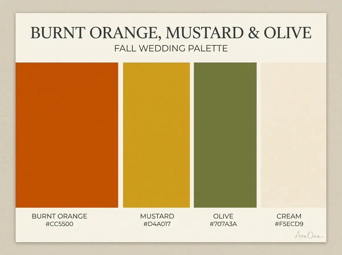 Burnt Orange, Mustard and Olive fall wedding colors palette swatch with hex codes #CC5500 #D4A017 #707A3A #F5ECD9