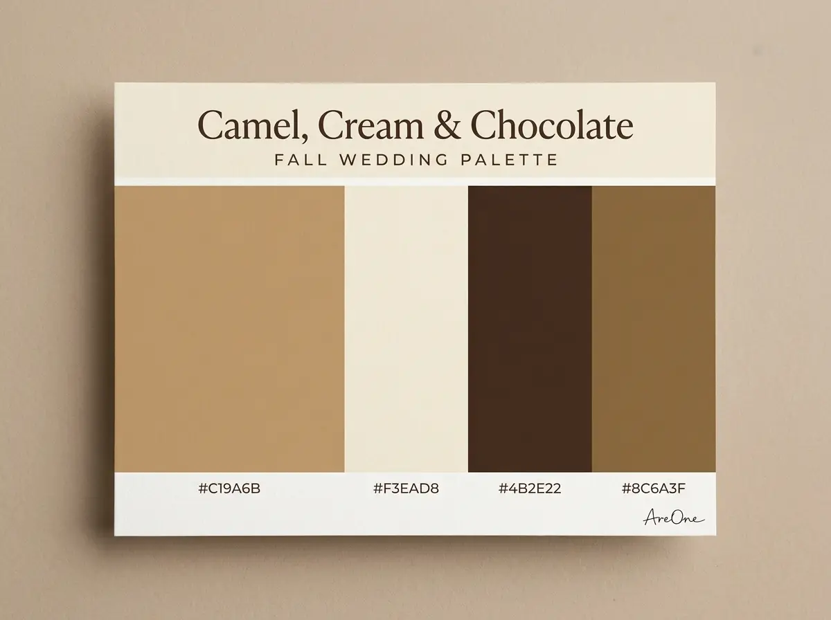 Camel, Cream and Chocolate fall wedding colors palette swatch with hex codes #C19A6B #F3EAD8 #4B2E22 #8C6A3F