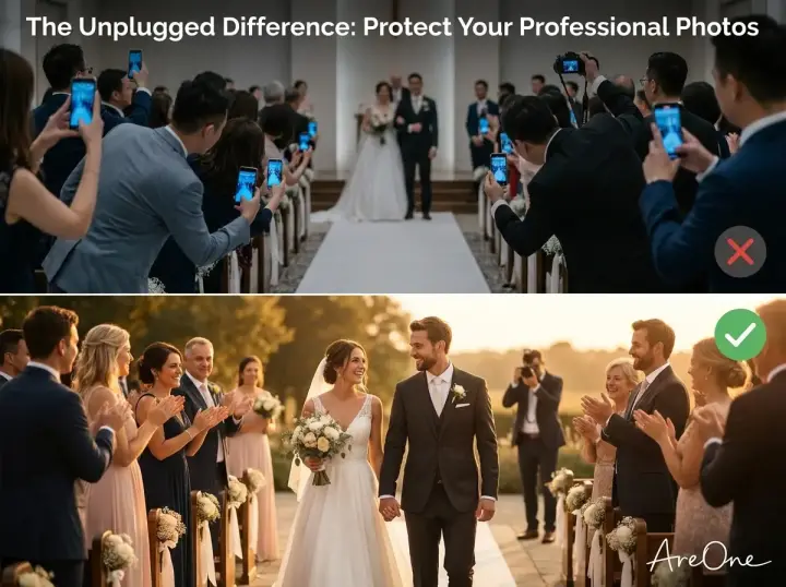 A visual comparison of an aisle blocked by smartphones versus a happy couple walking down the aisle with no phones in sight.