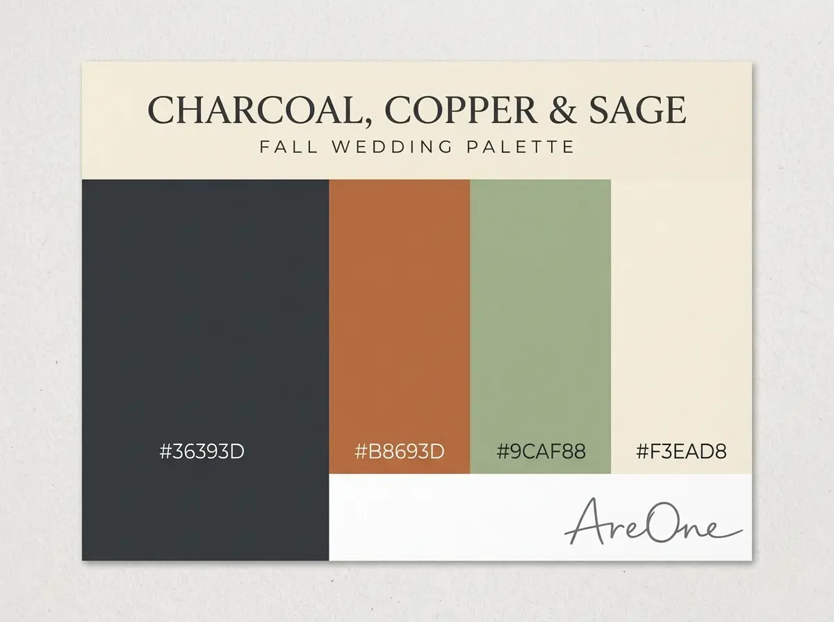Charcoal, Copper and Sage fall wedding colors palette swatch with hex codes #36393D #B8693D #9CAF88 #F3EAD8