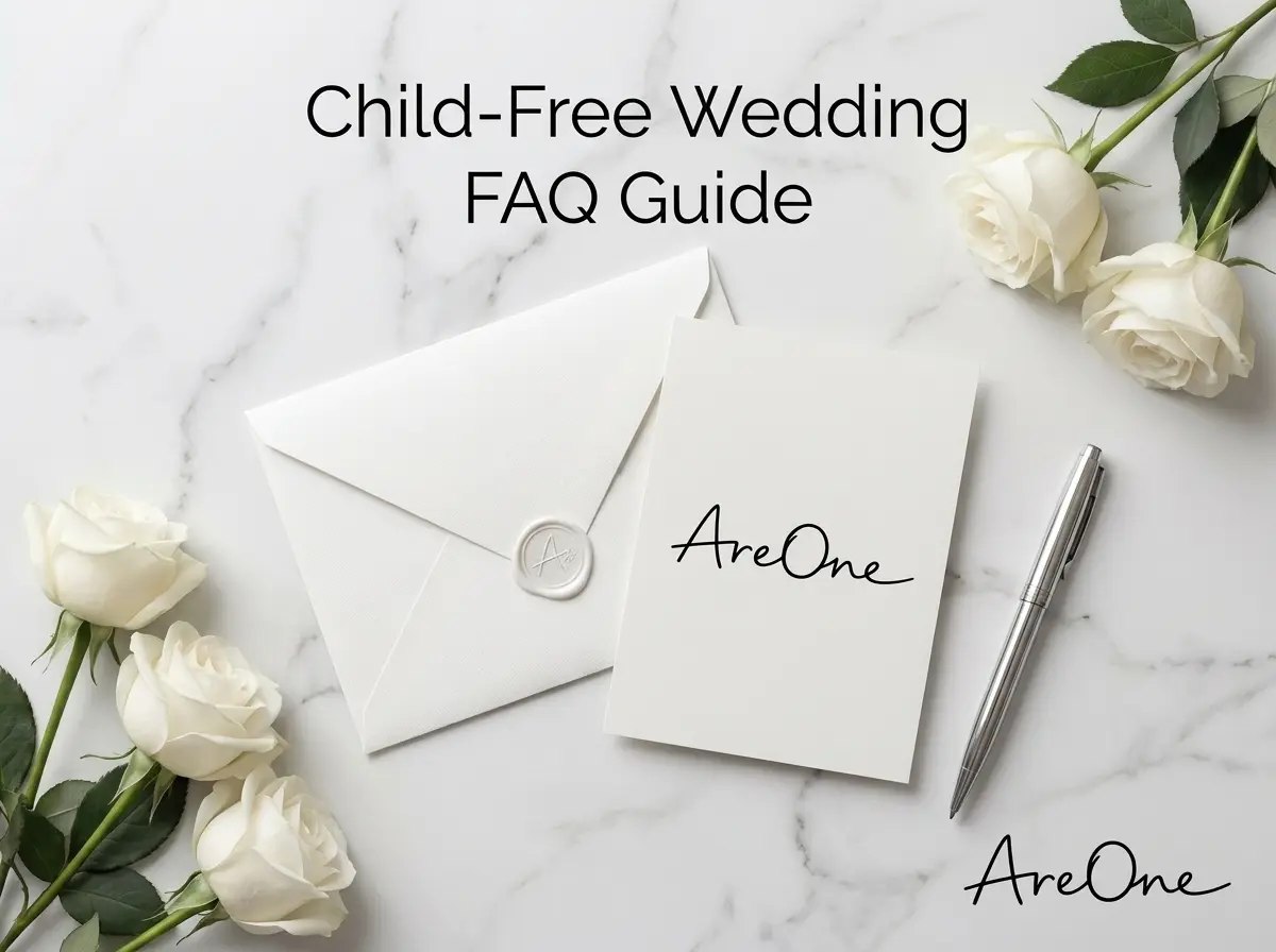 Graphic titled Child-Free Wedding FAQ Guide with envelopes and white flowers.