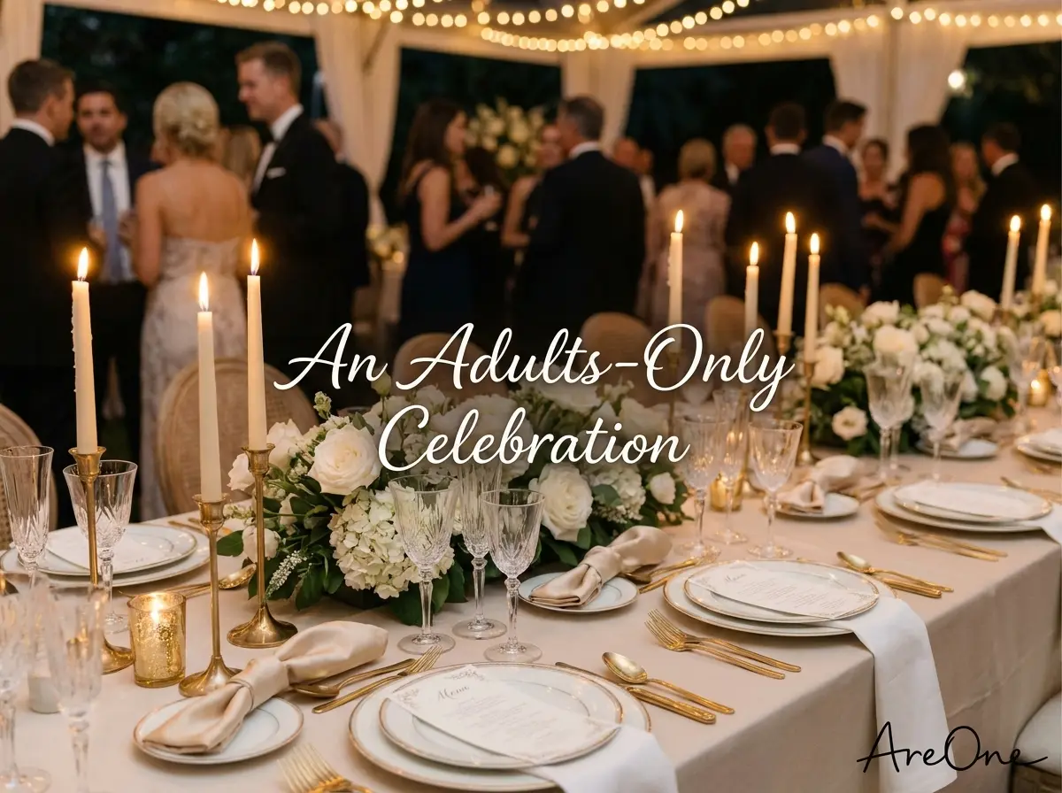 Elegant adults-only wedding reception setup showcasing elegant table settings.