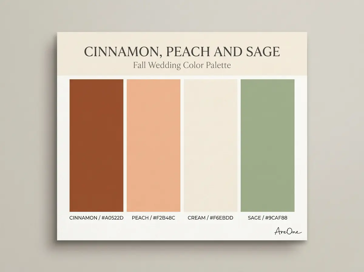 Cinnamon, Peach and Sage fall wedding colors palette swatch with hex codes #A0522D #F2B48C #F6EBDD #9CAF88