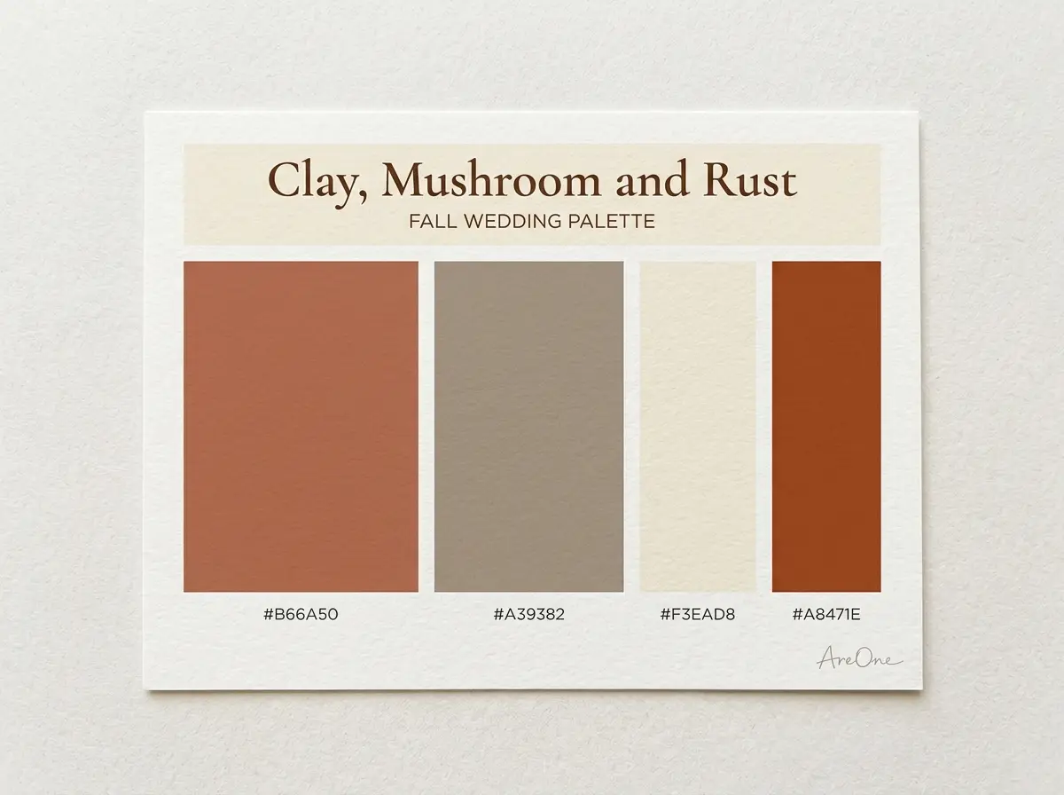 Clay, Mushroom and Rust fall wedding colors palette swatch with hex codes #B66A50 #A39382 #F3EAD8 #A8471E