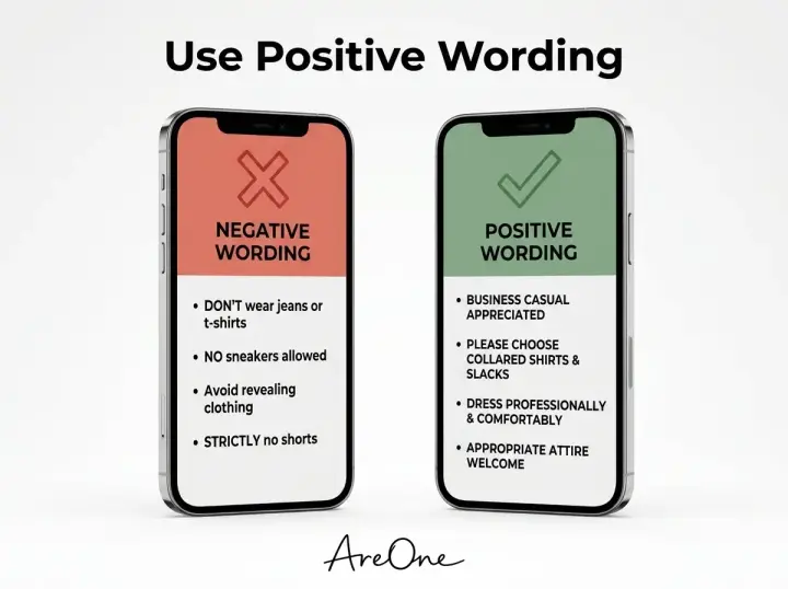 Modern smartphone displaying positive dress code wording compared to negative restrictive examples.