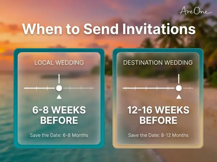 A timeline guide showing when to send wedding invitations for local events versus destination events.