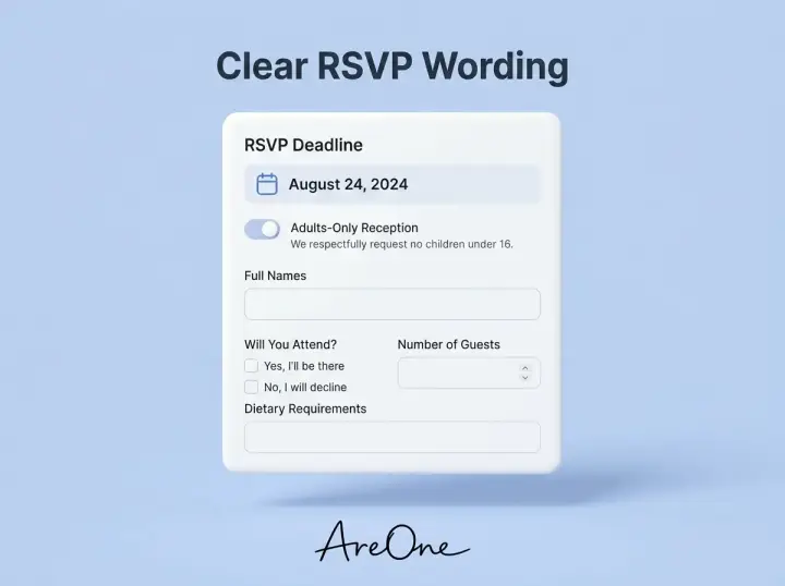 Example of clear wedding website wording on a digital RSVP form showing exact deadlines and dietary requirement fields.