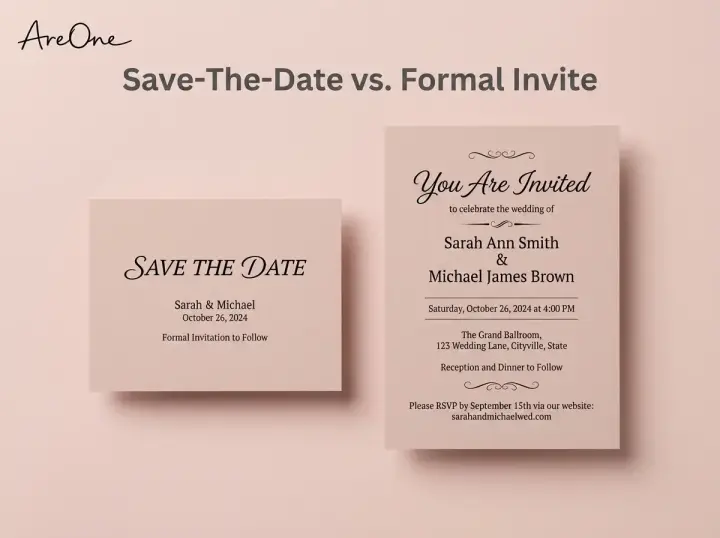 Side by side comparison showing the difference between a simple save the date card and a detailed formal wedding invitation.