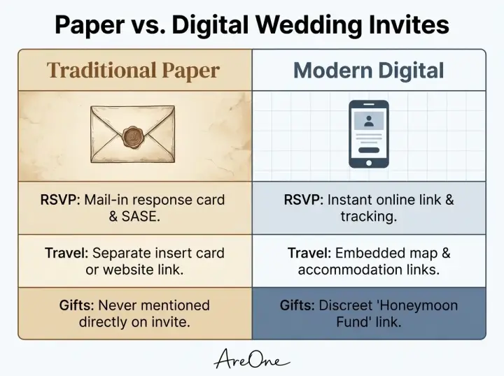 Comparison chart detailing the wording and etiquette differences between traditional paper wedding invitations and modern digital invites.