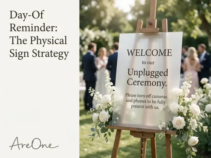A beautifully designed frosted acrylic sign at a wedding venue reminding guests to turn off their phones before the ceremony.