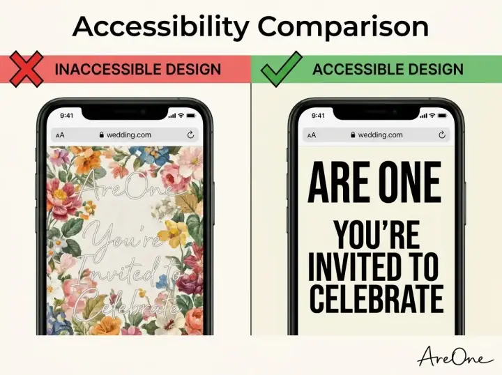 Side-by-side comparison showing an inaccessible wedding website design next to a clear, high-contrast accessible design.