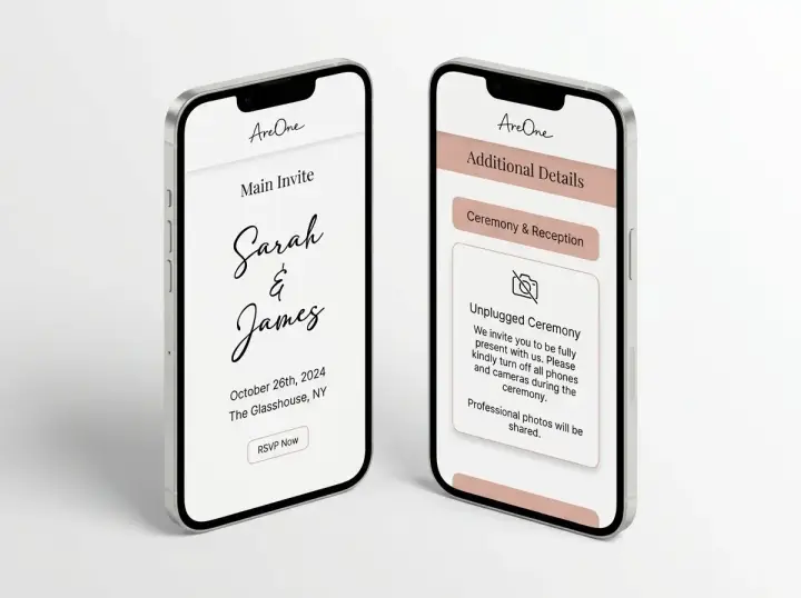 A beautiful digital wedding invitation displaying polite unplugged instructions inside a dedicated details UI block.