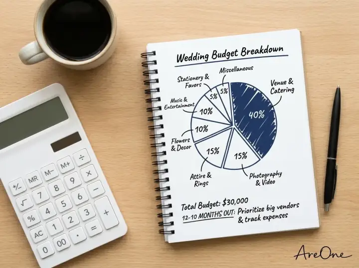 Notebook on a desk showing a wedding budget planning pie chart, next to a calculator and coffee cup.