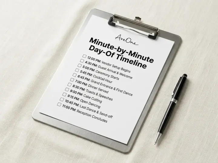 Detailed minute-by-minute day-of wedding reception checklist and timeline on a clipboard.