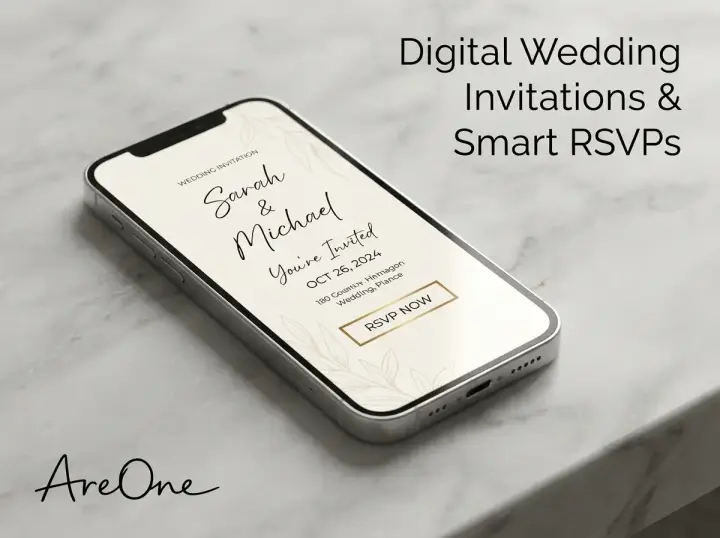 A smartphone displaying an elegant digital wedding invitation and smart RSVP tracking interface.