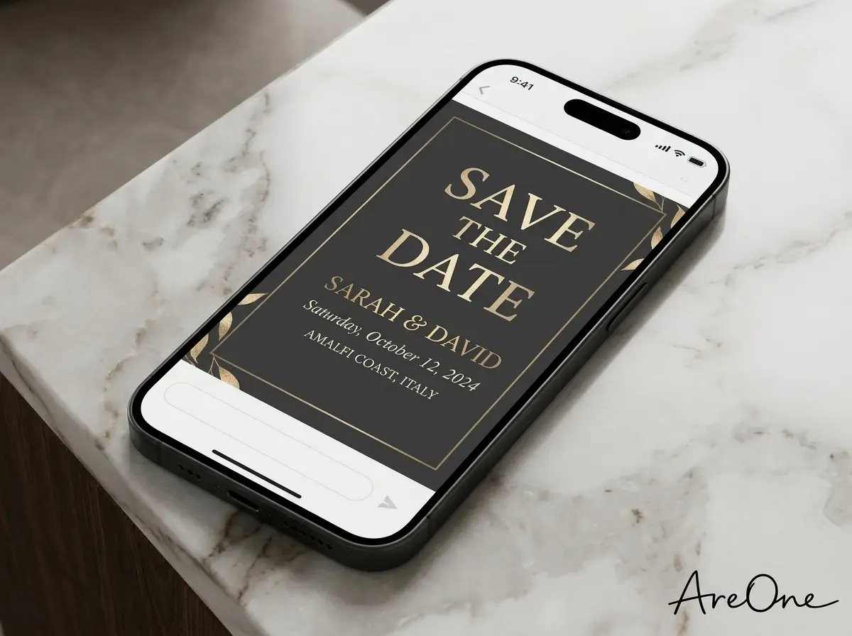A beautifully designed WhatsApp wedding invitation displayed on a modern smartphone screen.