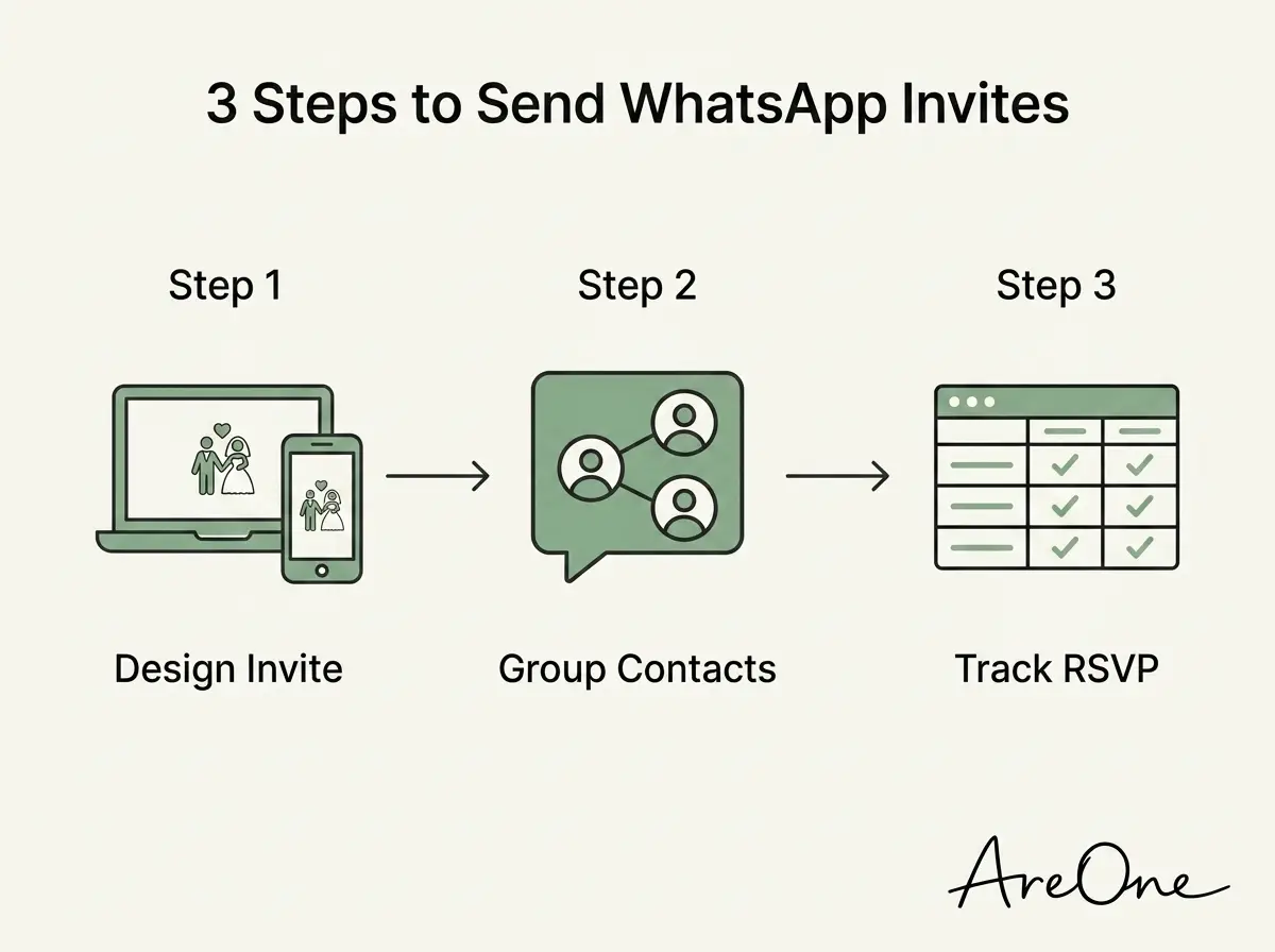 A step by step visual flow of sending a WhatsApp wedding invitation to guests.