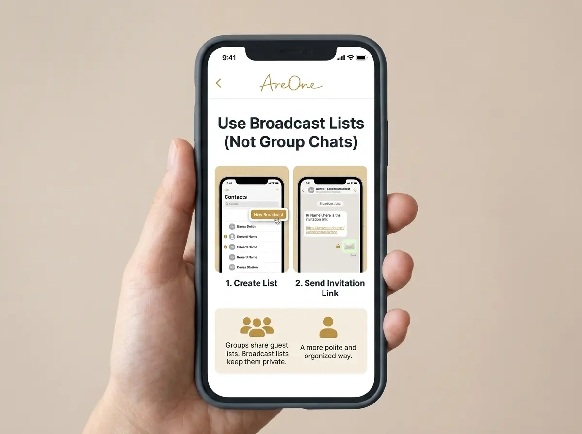 A graphic showing how to use the WhatsApp broadcast list feature for a WhatsApp wedding invite.