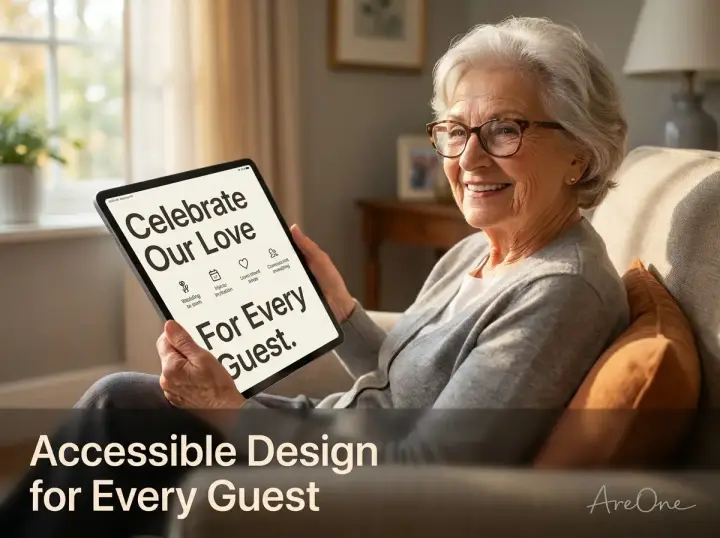 An elderly grandmother happily wearing reading glasses while easily reading an accessible digital wedding invitation on an iPad.