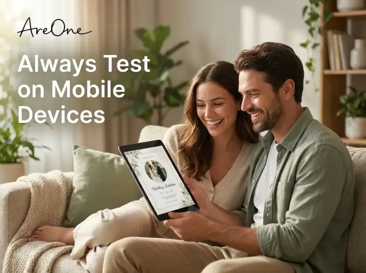 A smiling couple sitting together, testing the mobile responsiveness of their digital wedding invitation on a tablet.