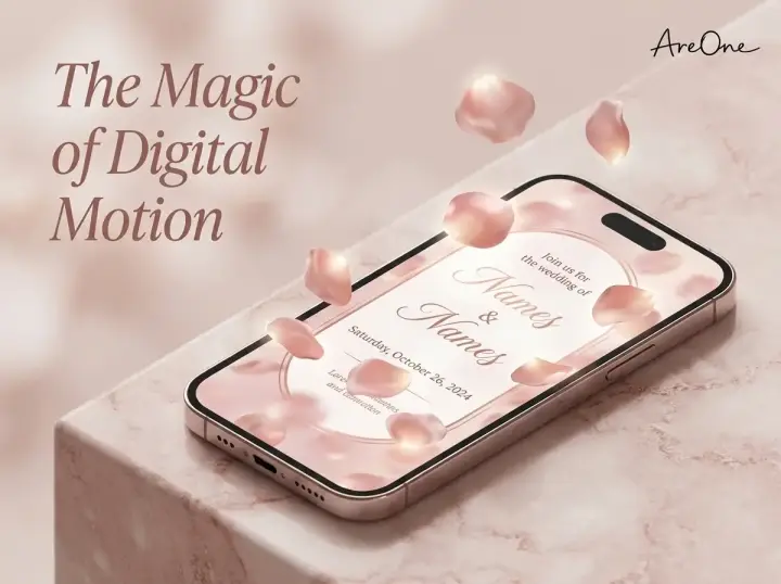 A smartphone displaying an animated wedding invite with digital falling rose petals on the screen.