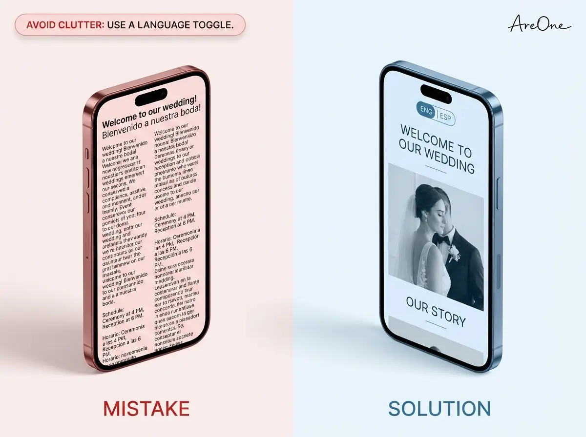 A Do and Don't visual comparison showing a visually cluttered bilingual wedding website layout versus a clean layout utilizing a language toggle.