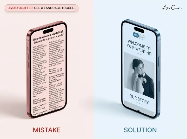 A Do and Don't visual comparison showing a visually cluttered bilingual wedding website layout versus a clean layout utilizing a language toggle.