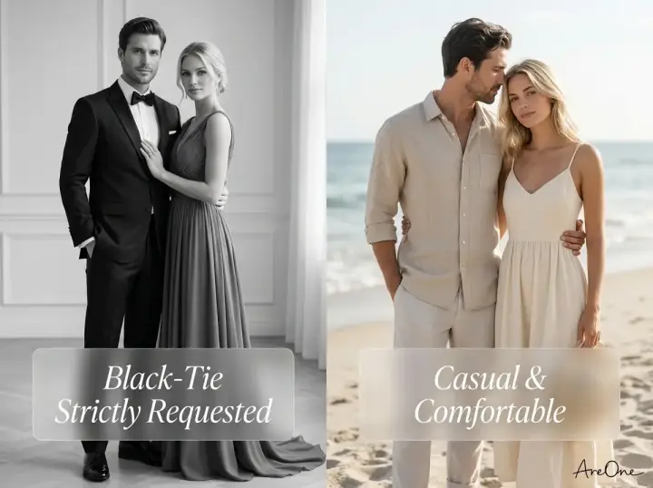 Beautiful couple demonstrating perfectly matched dress code wording for formal and casual wedding attire.