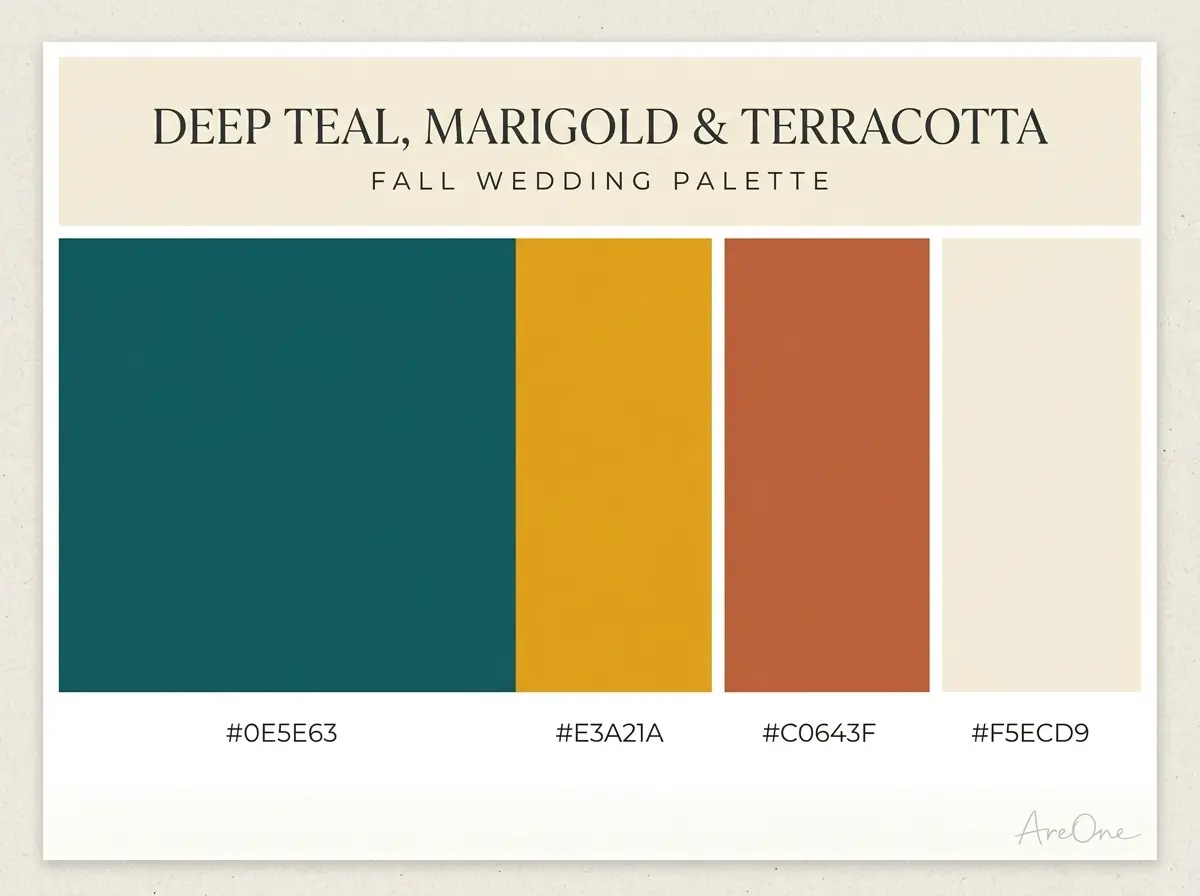 Deep Teal, Marigold and Terracotta fall wedding colors palette swatch with hex codes #0E5E63 #E3A21A #C0643F #F5ECD9