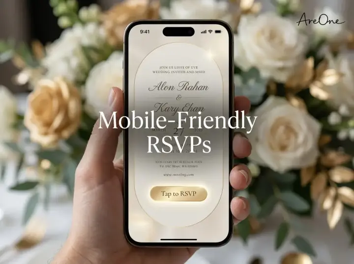 A smartphone displaying a mobile-optimized digital wedding invitation email with a clear RSVP button.