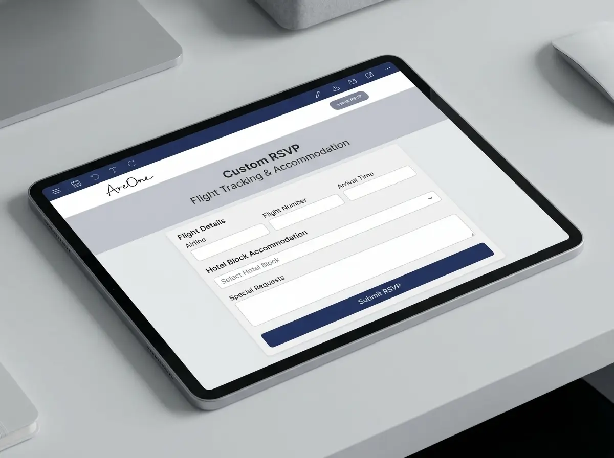 A tablet screen displaying a wedding RSVP form builder asking for guest flight and hotel details.