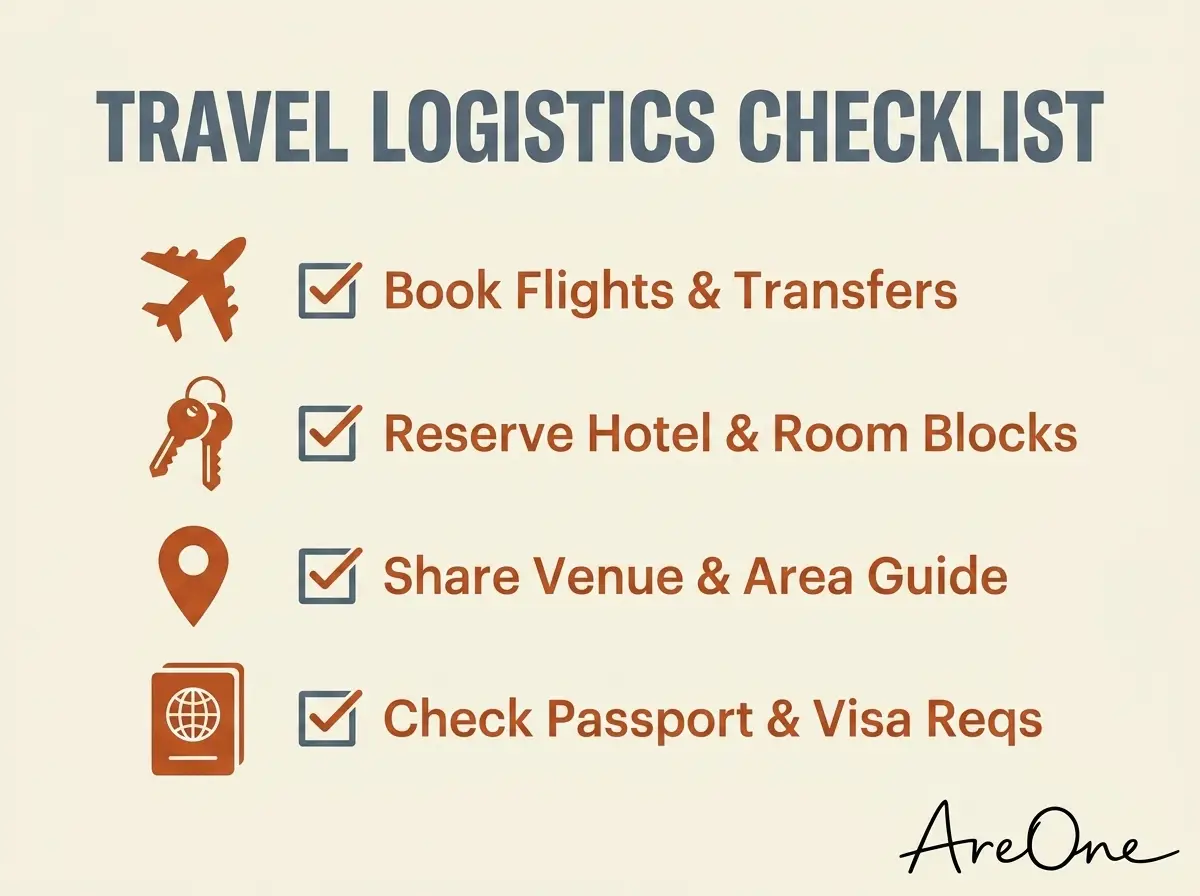 A stylized infographic card showing a wedding travel logistics checklist for guest communication.