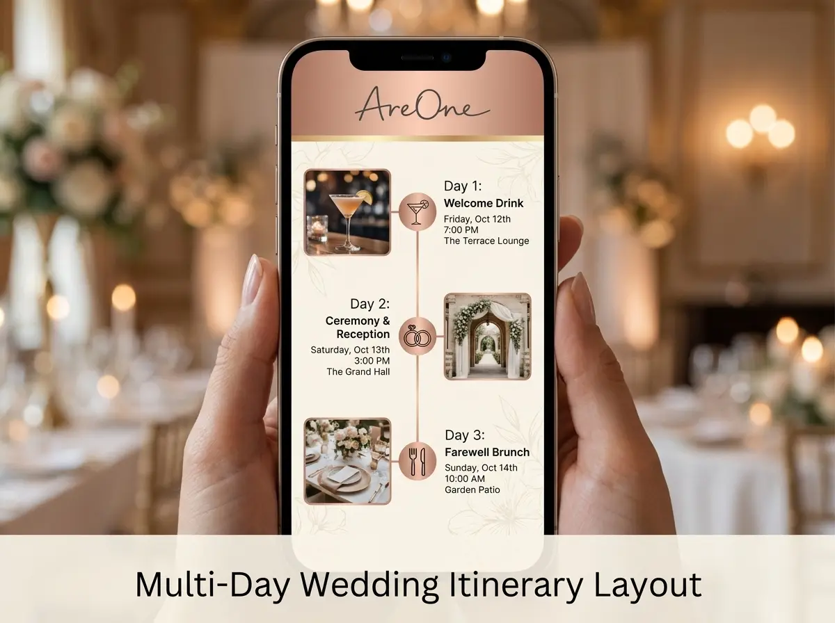 Smartphone displaying a clean and elegant multi-day wedding itinerary layout.