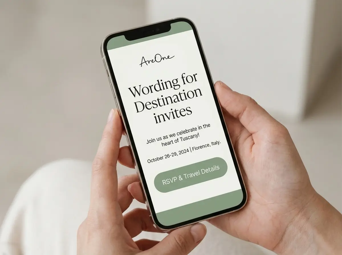 Hand holding a smartphone displaying an elegant destination wedding invitation template.