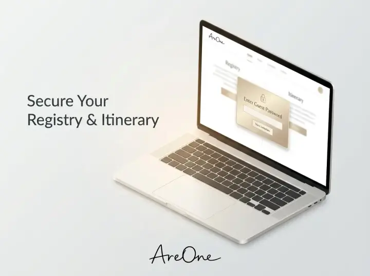 A modern digital invitation dashboard on a laptop screen displaying a secure guest password login to protect wedding registries and details.