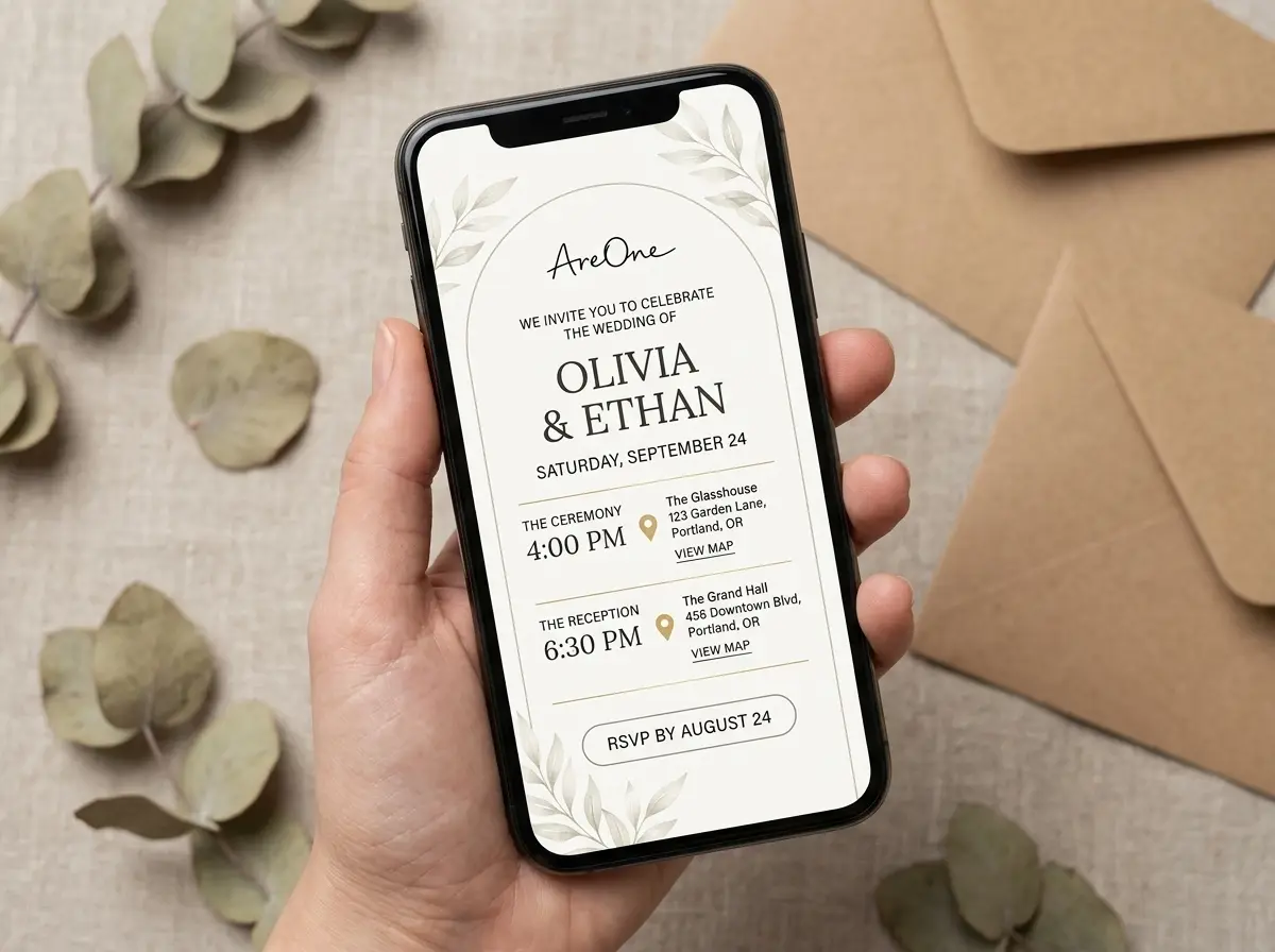 A smartphone displaying a digital wedding invitation showing clear ceremony and reception times and locations.